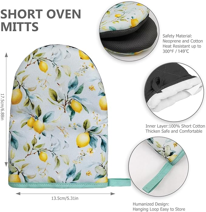 Lemon Oven Mitts, High Heat Resistant Kitchen Oven Gloves, Mini Silicone Oven Mitts, Non-Slip Grip Surfaces and Hanging Loop for Grilling, Baking, Cooking and Microwave, Gift