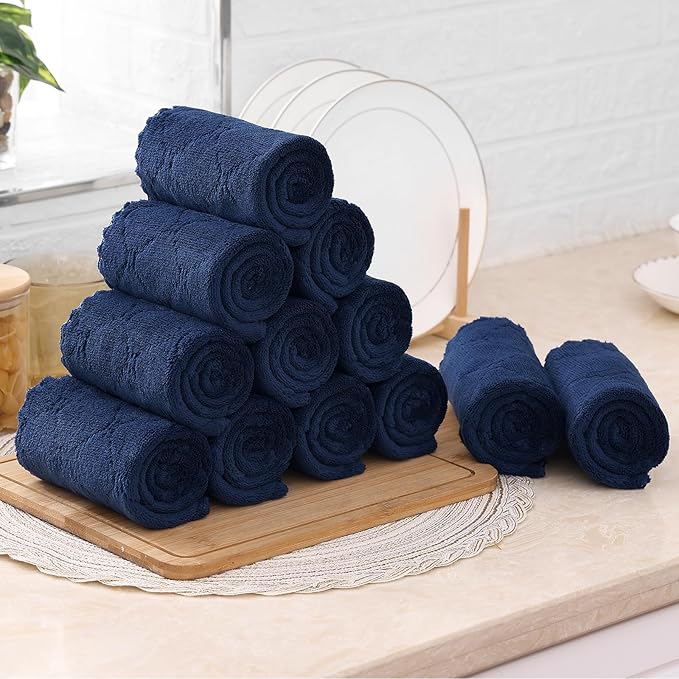 Mordimy 24 Pack Kitchen Cloths Dish Towels (10" x 10", Navy Blue & White), Super Soft and Absorbent Dish Cloths, Coral Velvet Microfiber Cleaning Cloth, Nonstick Oil Fast Dry Dishcloths