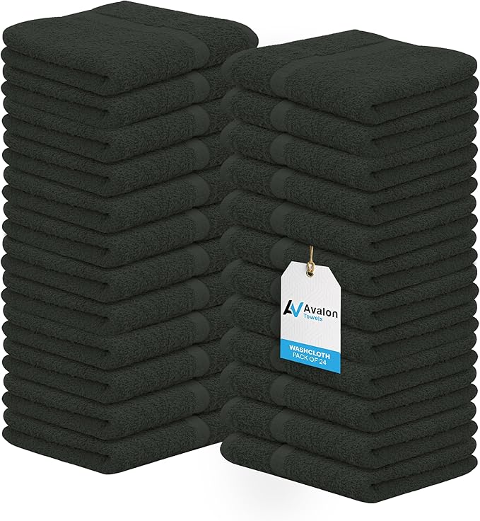 Avalon Towels Cotton Washcloths 24-Pack – 12 x 12 Inch Grey Super Soft & Absorbent Ring-Spun Cotton Wash Cloths for Face, Bath, Spa, Gym, Hotel & Cleaning