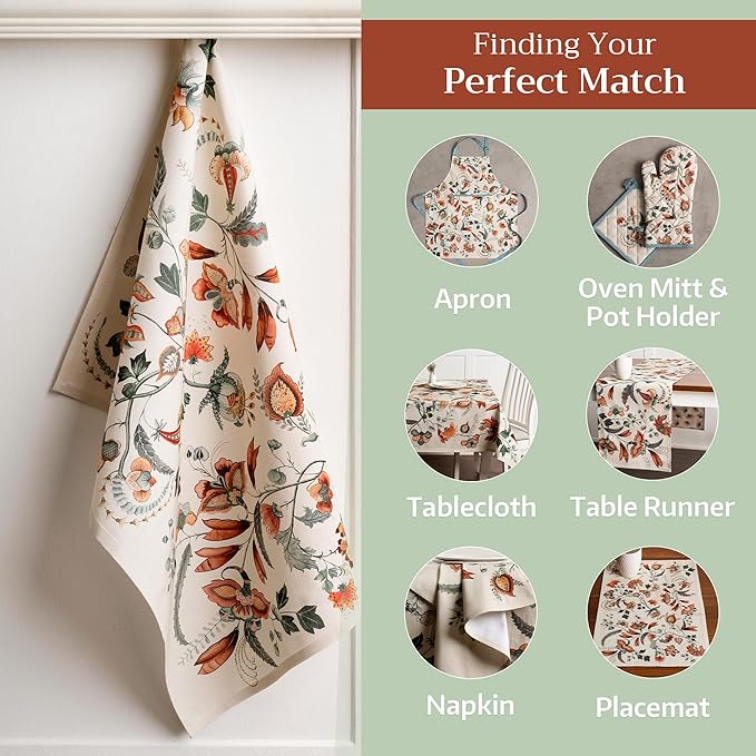 Maison d' Hermine Kitchen Towels Set of 3 100% Cotton 20" x 27.5" Reusable Cloth Tea Dish Towels Absorbent with Hanging Loop for Kitchen Dining Thanksgiving Christmas Decorations (Dalida)
