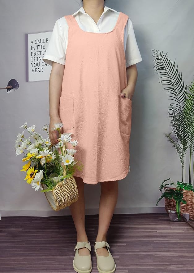 Cotton Cross Back Aprons Solid Color Cooking Kitchen Garden Smock for Women Girls with Pockets