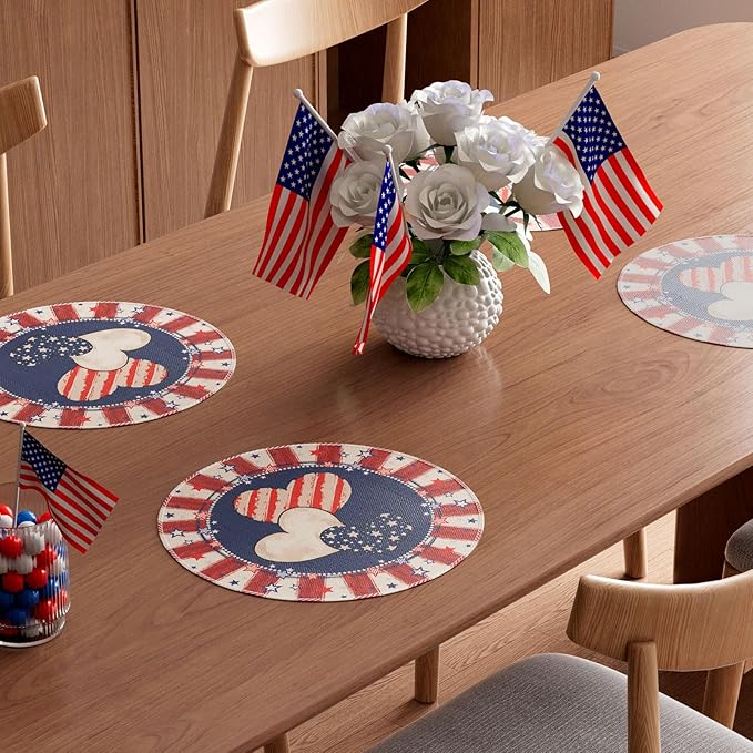 Heart Stripe Stars 4th of July Round Placemats Set of 4 14x14 Inch Patriotic America Memorial Day Independence Day Table Decorations Cloth Table Mats