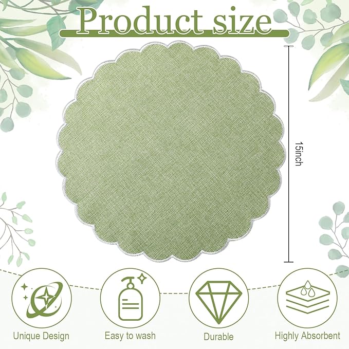 Set of 6 Round Placemats 15 Inch Cotton Scalloped Embroidery Placemat Washable Double Layered Rustic Dinner Table Mat Decor Fabric for Hotel Restaurant Kitchen(Green/White,Classic)
