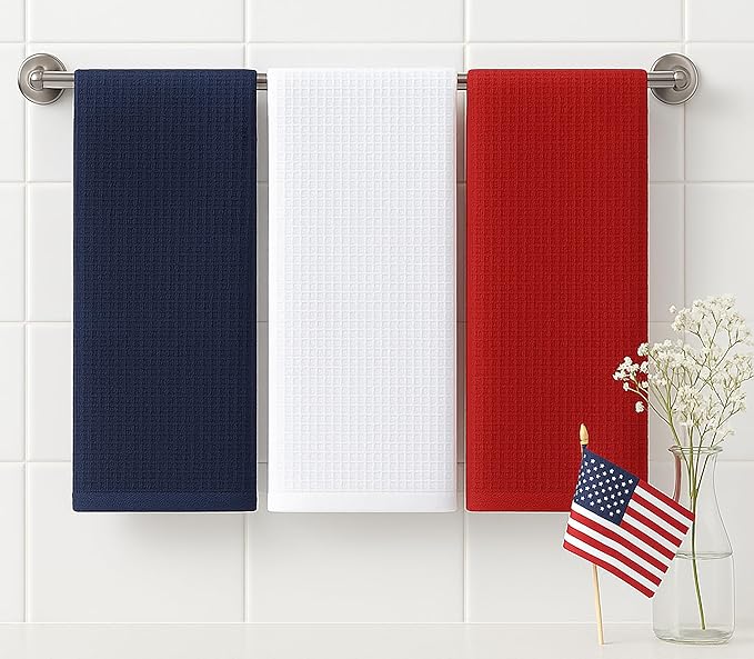 PurpleEssences 4th of July Waffle Weave Kitchen Towel, 100% Cotton - 15x25 Inches with Hanging Loop, Ultra Soft Absorbent Quick Drying Dish Cloth, Tea and Hand Towels, 6 Pack - Summer - Red Blue White