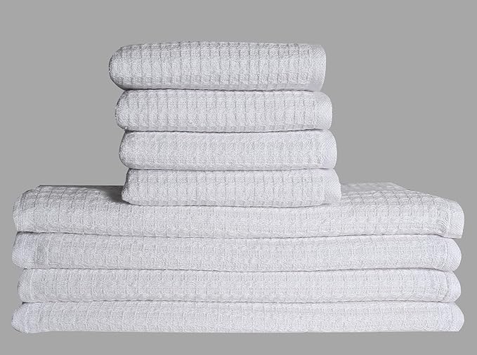 Kitchen Dish Wash Cloths Waffle Terry Design DishCloths12x12 in Pk of 4 & Dish Towels 13x28 in Pk of 4|Cotton Dish Rags for Drying Dishes|Counter Top |Spring Easter Basket Decor|White