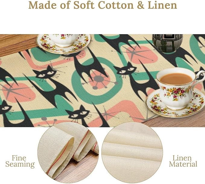 Mid Century Table Runner Black Cat Abstract Geometric Retro Art Printed Dinner Runner for Home Kitchen Dining Table Decor Fabric 1 Panel W13xL120in