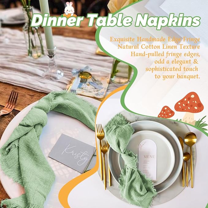 Showgeous 30 Pack Sage Green Cloth Napkins with Fringe 16x16 inch 100% Cotton Green Napkins Handmade Dinner Napkins Bulk Washable Soft Rustic Table Napkins for Wedding Parties Bridal Baby Shower