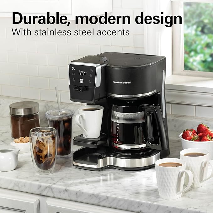 Hamilton Beach 2-Way 12 Cup Programmable Drip Hot and Iced Coffee Maker & Single Serve Coffee Machine, Glass Carafe, Auto Pause and Pour, Black (47500J)