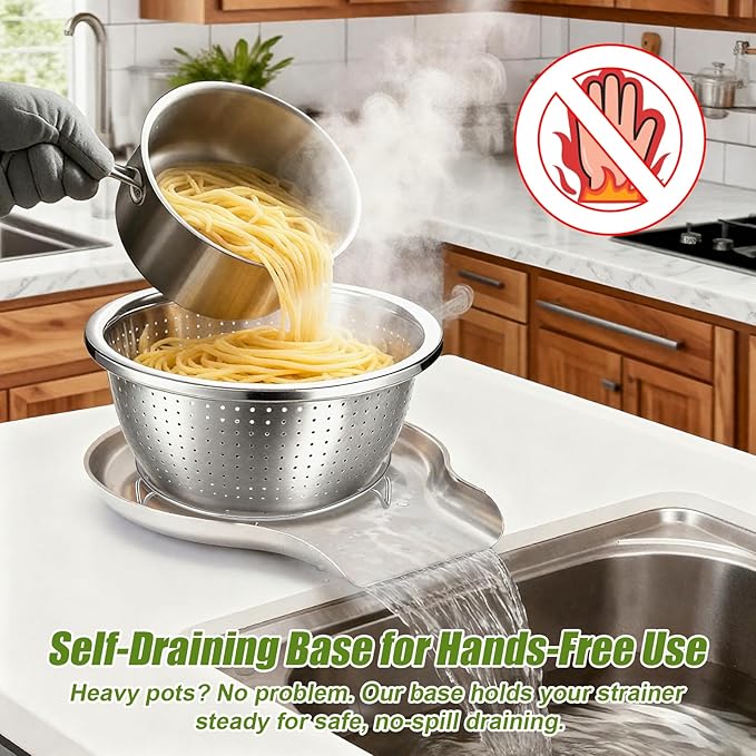 Palksky Stainless Steel Colander Set with Self-Draining Base, 3 Sizes Colanders & Food Strainers for Pasta, Rice, Fruits & Veggies, Metal Colander with Draining Plate for Sink or Countertop