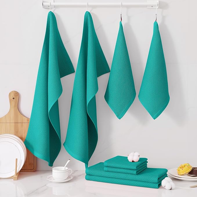 Homaxy 100% Cotton Kitchen Towels and Dishcloths Set, 12 x 12 Inches and 13 x 28 Inches, Set of 8 Bulk Kitchen Towels Set, Ultra Soft Absorbent Dish Cloths for Washing Dishes, Teal