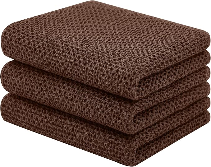 Homaxy 100% Cotton Waffle Weave Kitchen Towels, 3-Pack Ultra Soft Absorbent Dish Towels, Quick Drying Cleaning Towels, 13 x 28 Inches, Coffee