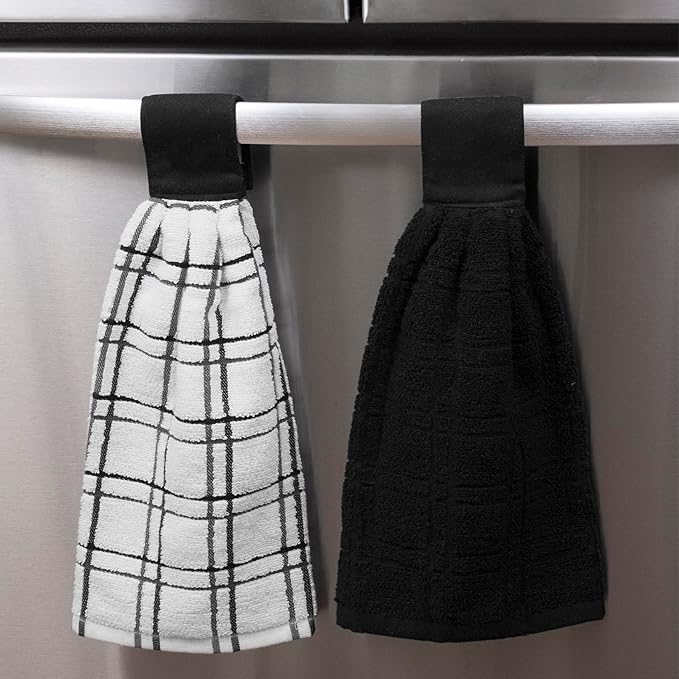 Ritz Premium 100% Cotton Solid and Multi Check Kitchen Tie Towel, Absorbent, Super Soft, and Fast Drying Hang Towel, Set of Two, Black