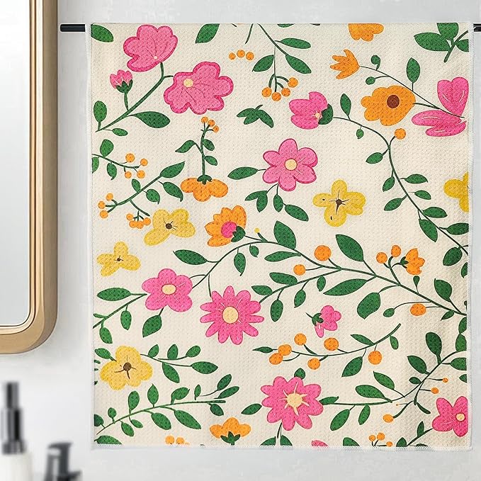 18” x 30” Highly Absorbent Kitchen Towels, Quick Dry Microfiber Tea Towel, Dish Towels for Kitchen Drying, Ultra Soft Premium Hand Towels (Floral 4 Pack)