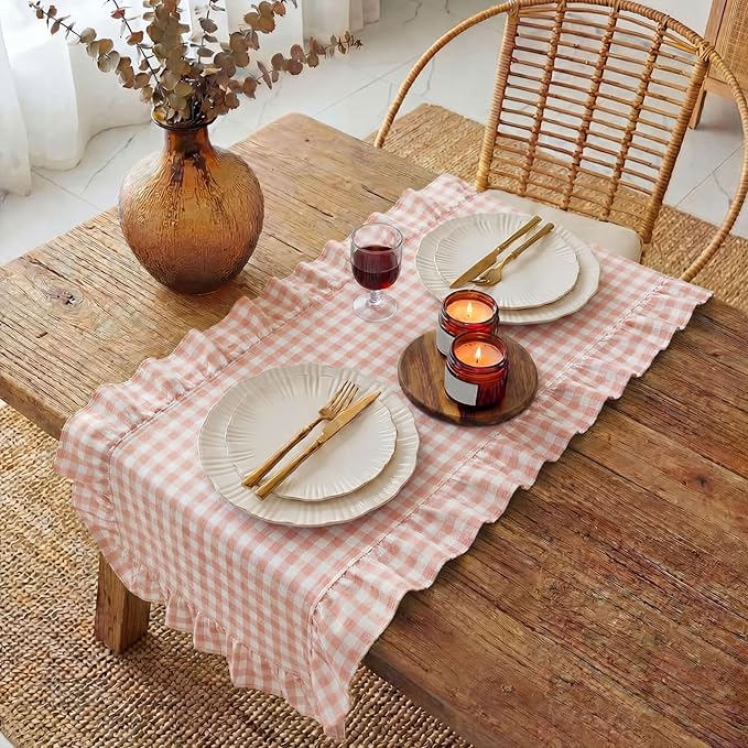 HunnmingRe 1 Pcs Light Pink Plaid Gingham Ruffle Table Runner 118 x 13.8'' Farmhouse Easter Table Runner 100% Cotton Scalloped Long Dresser Scarves for Dining Room, Wedding, Kitchen Rustic Home Decor