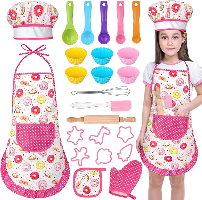 GIFTINBOX Kids Cooking and Baking Chef Set, 25PCS with Kids Apron,Chef Hat & Utensils ids Cooking Set, Toddler Dress Up and Pretend Play Kitchen Toys, Birthday Toys for 3 4 5 6 7 8 Year Old Girls