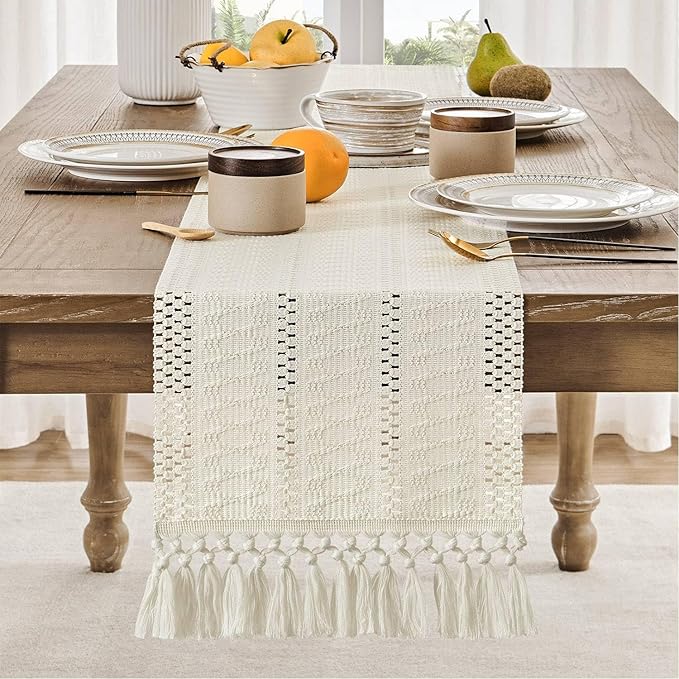 ZeeMart Macrame Style Boho Table Runner, Ivory Table Runners 60 Inches Long, Farmhouse Woven Home Decor, 12x60 Inch, Ivory