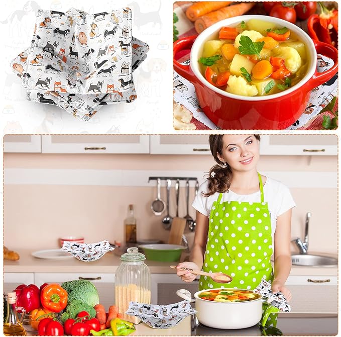 Cunhill 4 Pcs Cotton Microwave Bowl Cozy Holders for Hot Food Hot Pads Soup Bowl Potholders Heat Resistant Multipurpose Quilted Safe Holders for Kitchen Plate Supply(White,Dog Style)