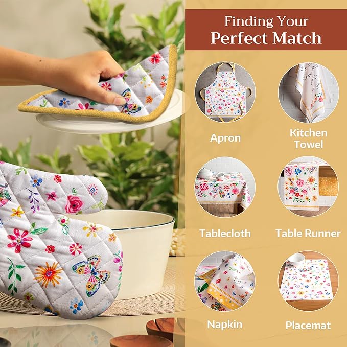 Maison d' Hermine Pot Holders 100% Cotton Heat Resistant Potholders 8" x 8" Hot Pads with Loop Baking Gifts for Mothers Day Handling Hot Pans Spring/Summer (Pack of 2, Happy Florals - Sweety)