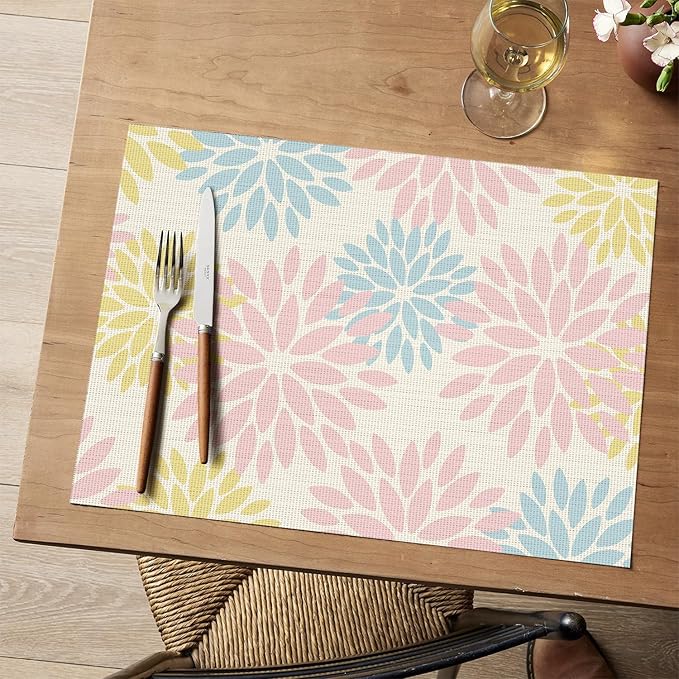 Artoid Mode Floral Vinyl Plastic Placemats Set of 4, 12x18 Inch Washable Non-Slip PVC Place Mats for Party Kitchen Dining Decor, Pink