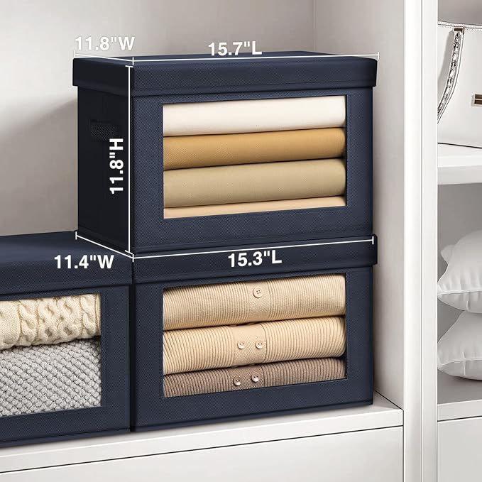 Homsorout Stackable Storage Bins with Lids - Large Storage Box with Lids, Foldable Closet Boxes for Organizing, Wardrobe Clothes Organizer with Window, Cubes Bins for Living Room, 4 Pack, Navy Blue