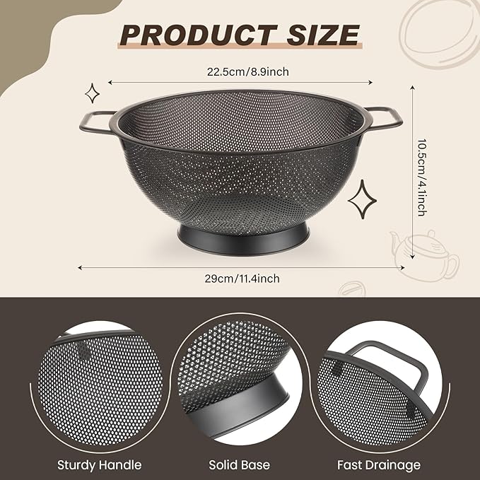 Norme 4 Quart Stainless Steel Black Colander and 3 Pcs Black Fine Mesh Strainer, Stainless Steel Pasta Rice Food Metal Strainer with Handles, Easy Clean and Dishwasher Safe