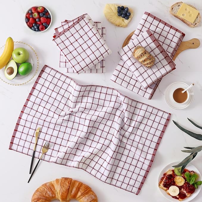 Homaxy Premium Kitchen Towels(16”x 28”, 6 Pack), Large Ring Spun Cotton Dish Towels, Super Absorbent Soft Terry Kitchen Hand Towels, Check Design Tea Towel Set with Hanging Loop, Red