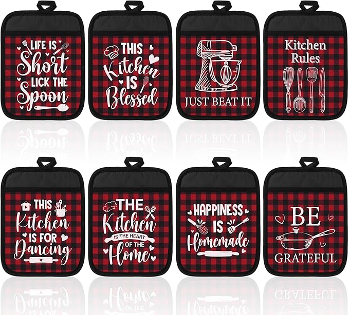 Bencailor 8 Pcs Red Buffalo Plaid Pot Holders with Pocket Red Heart Sign Potholder Heat Resistant Hot Pads Oven Mitt for Kitchen Home Anniversary Decorations Baking Cooking Gift