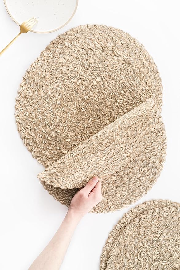 Floroom 15 Inch Round Braided Placemats Set of 4, Washable Heat Resistant Cotton Polyester Circle Boho Place Mats for Kitchen Dining Table - Dunes Khaki