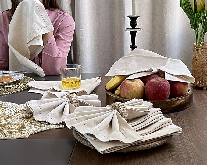 Bedding Craft Linen Flax Cotton Cloth Dinner Napkins Set of 12 – 18x18 Natural Fabric with Hemstitched Mitered Corners – Machine Washable Wedding, Cocktail & Party Table Napkins