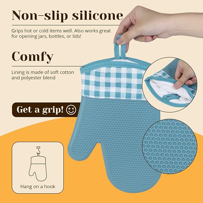 Amruta Pair of Silicone Shell Oven Mitts, 2 Pieces Heavy Duty Baking Kitchen Mitts for BBQ Microwave Stove, Heat-Resistant up to 500F, Oven Glove with Silicone Textured Grip (Short, Blue)