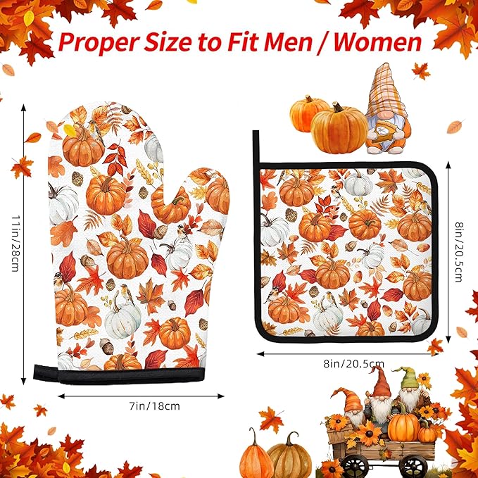 Thanksgiving Pumpkin Oven Mitts and Pot Holders, Fall Oven Mitts Sets of 3 for Cooking Lover Kitchen Decor, Pumpkins Heat Resistant Non-Slip Silicone Kitchen Glove Gifts for Mom Wife Sister BFF