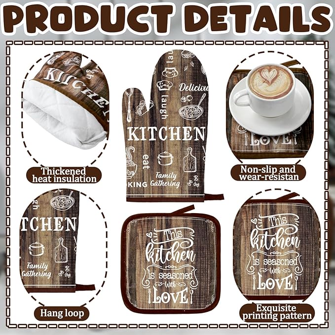 12 Pcs Farmhouse Kitchen Oven Mitts and Pot Holders Decor Sets 4 Wood Kitchen Hand Towels 4 Absorbent Dishcloths 2 Pot Holders 2 Oven Mitts Glove for Home Decorations Mom Baking Cooking Grilling Gift