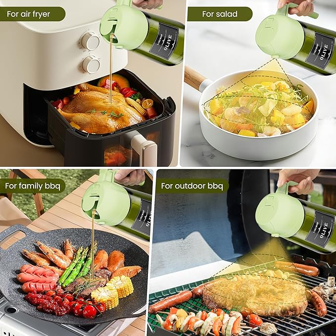 LAKUMIQI 2 in 1 Oil Sprayer for Cooking, 16oz Olive Oil Dispenser Bottle for Kitchen, Food Grade Light-Blocking Leak Proof Glass Spray Bottle for Salad, Air Fryer, BBQ