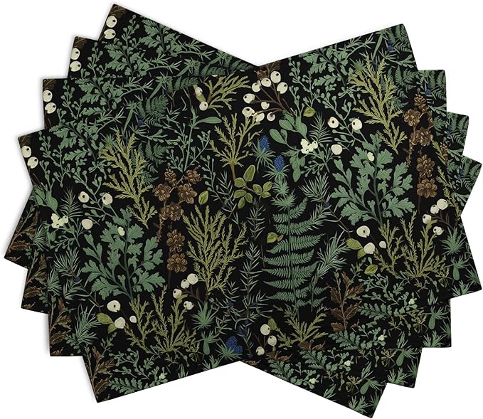 Black Sage Green Leaves Placemats Set of 4 Vintage Botanical Fern Leaf Floral Place Mats Farmhouse Heat Resistant Washable Kitchen Dining Linen Table Mats for Home Party Decor 12x18 Inch