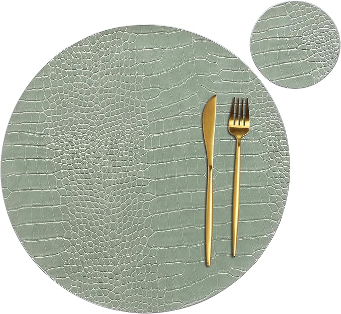 Jovono Round Leather Placemats for Round Tables Set of 4, Green Place Mats and Coasters, Wipeable Waterproof Heat Resistant Table Mats Easy to Care for Indoor Decor 13 inch Diameter