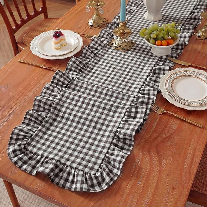 HunnmingRe 1 Pcs Dark Brown Plaid Gingham Ruffle Table Runner 118 x 13.8'' Farmhouse Table Runner 100% Cotton Scalloped Long Dresser Scarves for Dining Room, Wedding, Kitchen Rustic Home Decor