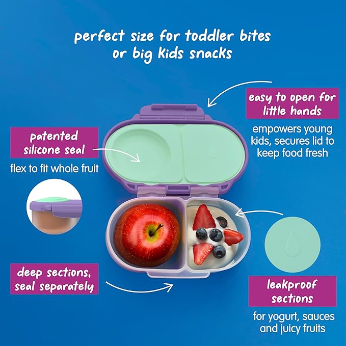 b.box Snack Box - Leakproof Mini Bento Box for Kids & Toddlers, 2 Compartment Snack Containers for Kids, Lunch Containers, Dishwasher Safe, BPA Free, PFAS Free, Ages 4m+, 1 3/4 Cup - Lilac Pop