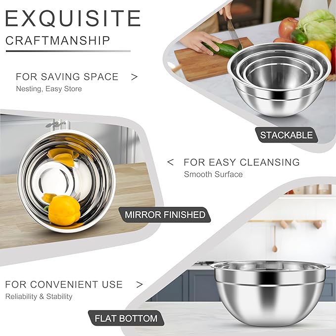HaWare Mixing Bowls with Airtight Lids, 6-Piece Stainless Steel Salad Bowls, Strong Nesting Bowls for Cooking, Prepping, Baking, Serving & Food Storage, Stackable Design, Size 4.6, 3, 1.5QT, Teal Blue
