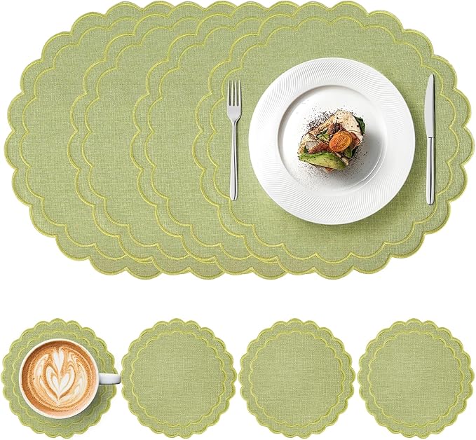 Set of 8 Cotton Linen Placemats Coaster, 15" Scalloped Embroidery Heat Resistant Placemats, 4.7" Kitchen Coaster, Double Layered Machine Washable Table Mat Set Rustic Dinner Table Decoration (Green)