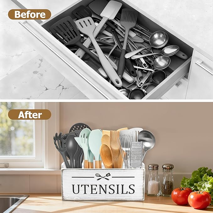 RedCall Extra Large Utensil Holder Organizer,4 Compartments Wooden Kitchen Tool Holder for Countertop,Rustic Farmhouse Utensil Organizer for Spatula Spoon Storage (Antique-4)