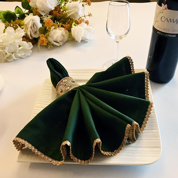 FINGERCRAFT Dinner Cloth Napkin Cotton Blend 12 Pack Mitered Corners with Elegant Golden Lace for Everyday Use Napkins are Pre Shrunk and Good Absorbency Wedding Christmas Special Color Eden Green