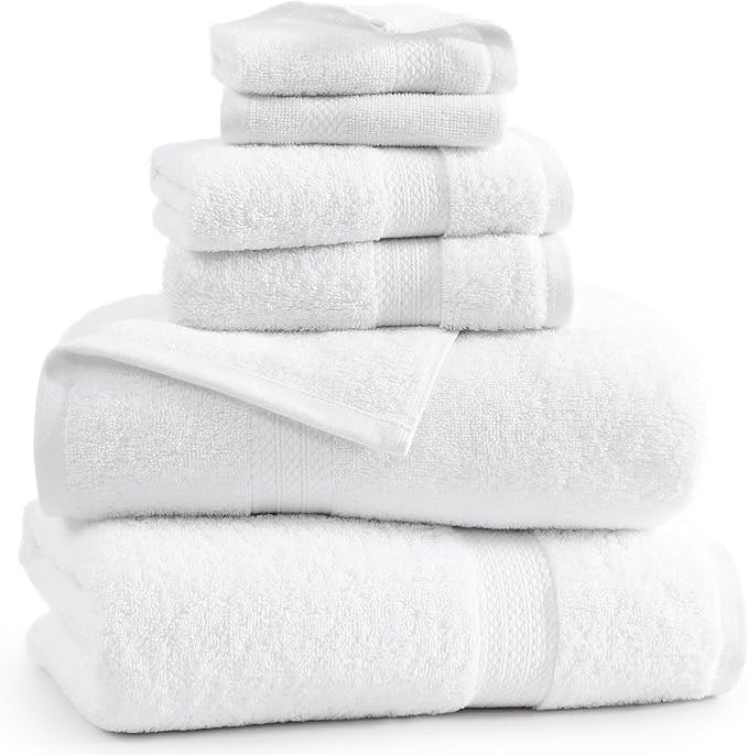 LANE LINEN 100% Cotton Bath Towel Set - 6 Pieces - Super Soft, Highly Absorbent & Quick Dry - 2 Bath, 2 Washcloths, 2 Hand Towels for Bathroom - Hotel Quality, Ideal for Spa, Gym & Travel - White