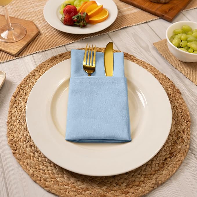 Blue Needles Solid Cloth Napkins Set of 6 Ice Blue 100% Cotton Dinner Napkins 18x18 inches - Spring Summer Easter - Soft, Reusable, Absorbent & Washable Linen, Ideal for Events Parties & Everyday Use
