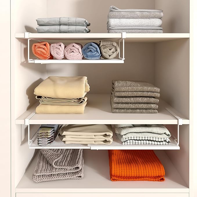 Expandable Under Cabinet Shelf, Extendable Under Shelf Storage with 0.94 Inches Thick Clips for Shoe Rack, Pantry Cabinet, Laundry Room. (White, 1 Pack, Interior: 6" H x 8.26" D)