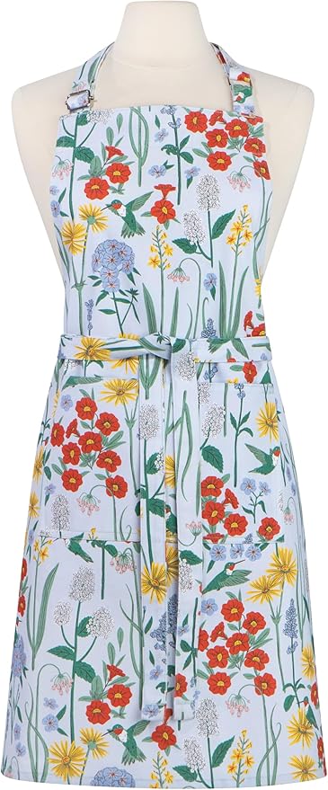 Now Designs Hummingbird Chef Apron, Adjustable Neck Strap, 100% Cotton, W28 x L32in, Floral Design
