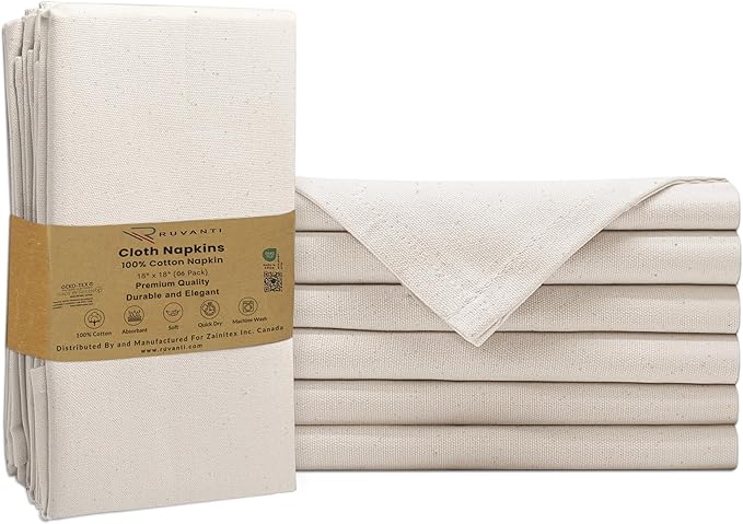 Ruvanti Cloth Napkins Set of 6, 100% Cotton High GSM 18x18 Inches Soft, Washable, Highly Durable & Absorbent, Perfect for Parties, Christmas, Thanksgiving Dinners – Natural Color