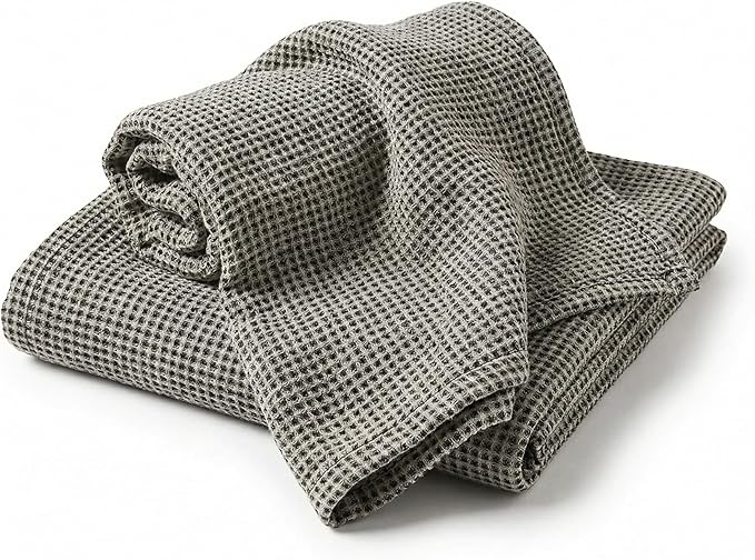 Pure Linen Small Bath Towels Set - 2-Pack 20x40-inch Quick Dry Towels for Sensitive Skin - Thin Towels for Bathroom - Lightweight Waffle Weave Towel for Kids Black-Natural