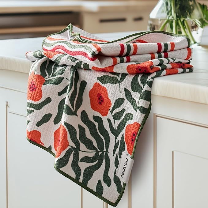 RECYCO Waffle Kitchen Towel Set of 2 - Quick Dry Microfiber Sustainable Dish Towels - Ultra Absorbent Reusable Cleaning Tea Towels - Lightweight Hand Towels,16”x 28”, Poppy Waves