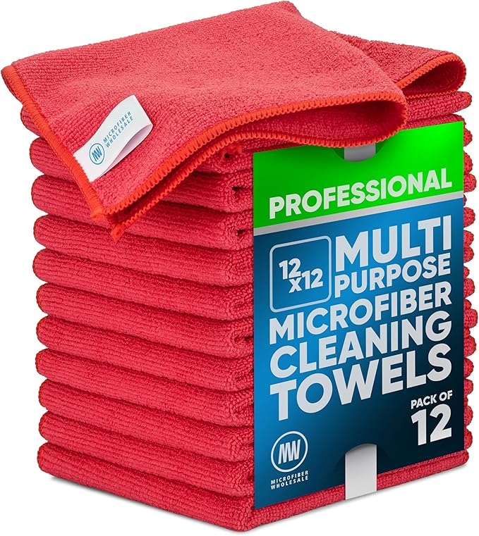 MW PRO Microfiber Cleaning Cloths Red (12 Pack, 12x12) - Commercial Janitorial Towels & Lint Free Rags - Heavy Duty for Auto Detailing, Glass Windows, Housekeeping & Screens - Washable 300+ Times