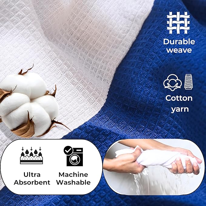 Highly Absorbent Cotton Dish Towels for Drying - Set of 3+3 - Royal Blue + White Kitchen Towels - 18"X28" Lint Free Waffle Weave Cloth Linen Hand Bathroom Bulk Dishtowels